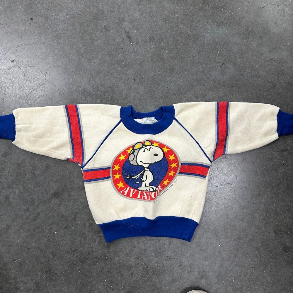 Vintage 1980s Snoopy Aviator Sweatshirt Babyfair Peanuts 24 Months Cream Blue